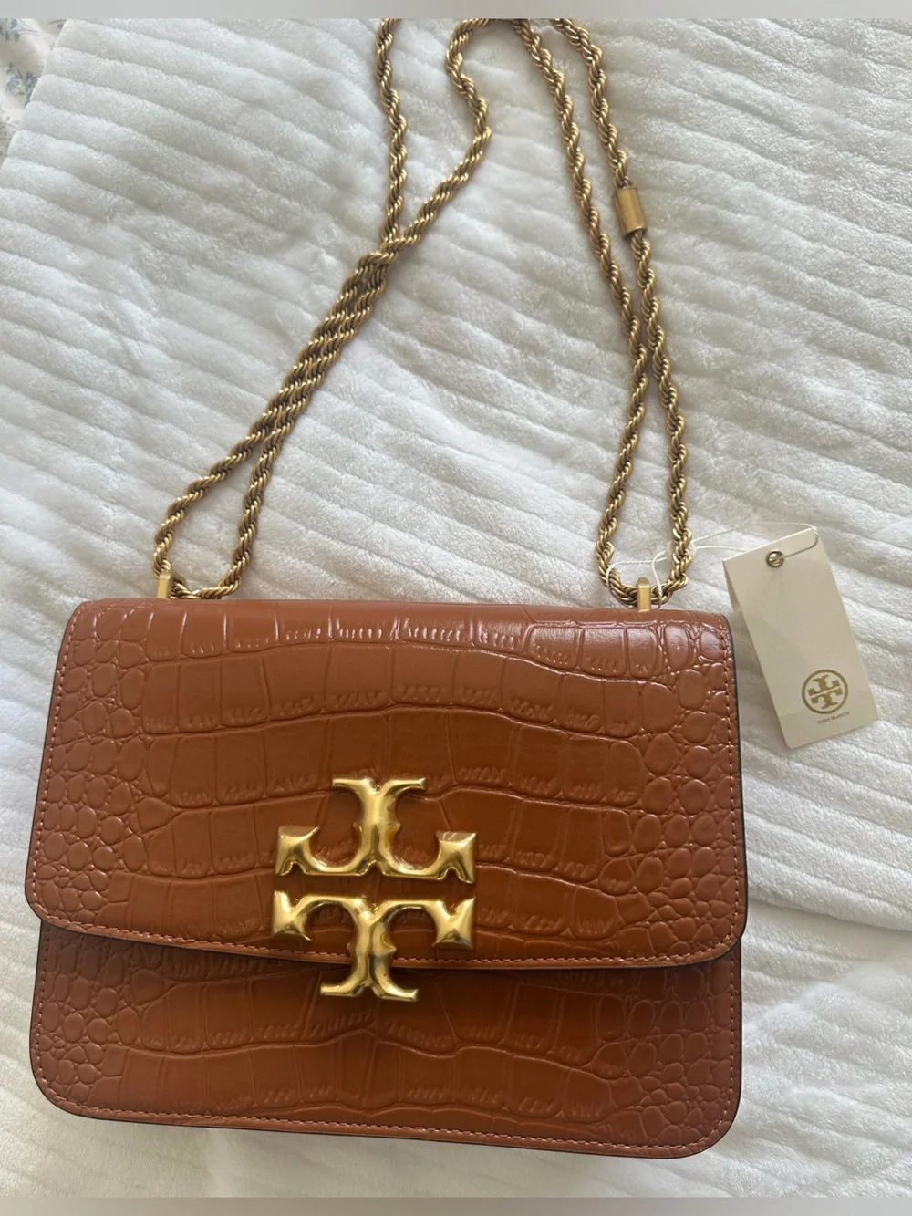 Tory Burch Croc-Embossed Leather Shoulder Bag in Brown with Gold Hardware